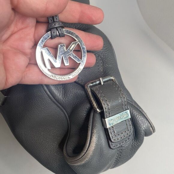 Michael Kors Hobo Shoulder Bag - Gray Gunmetal Pebbled Leather w/ MK Charm*Read- - Picture 14 of 16